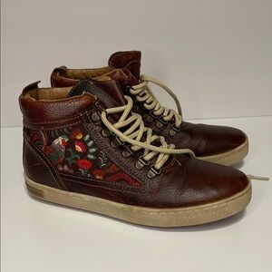 Inkkas Brown Leather Camping Boots Embroidered Design Size W8 M6